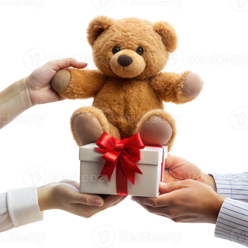 Hands giving teddy bear gift wrapped in red ribbon, symbolizing kindness png