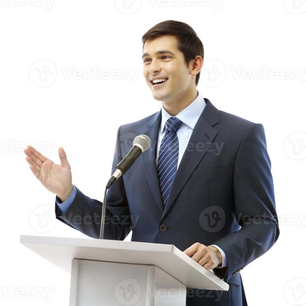 Businessman speaking at podium, giving presentation or speech png