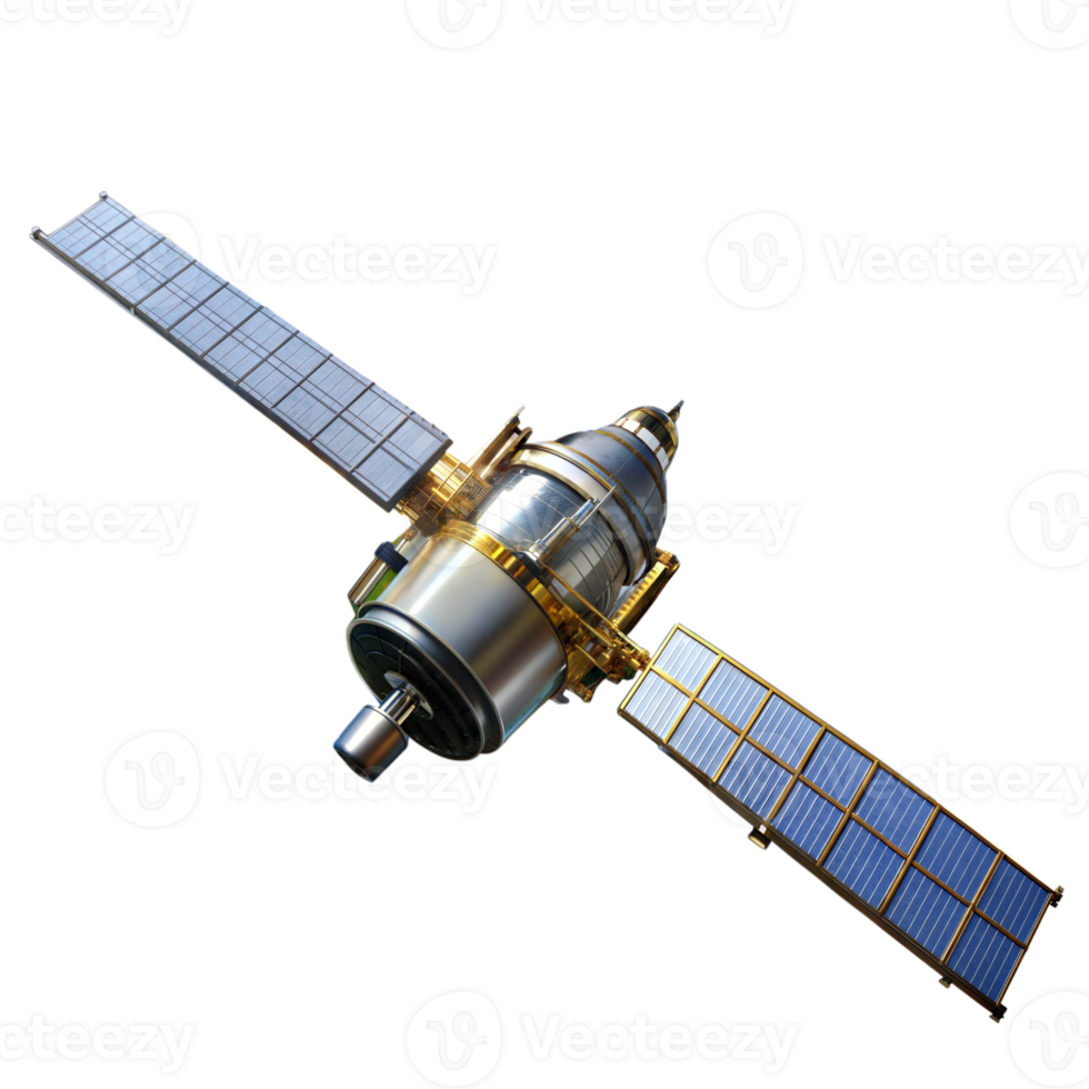 Satellite with solar panels orbiting in space, representing global communication and technology png