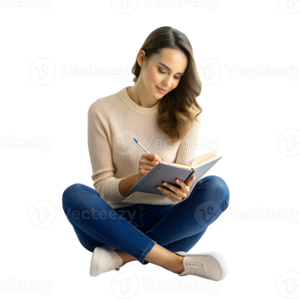 Woman sitting cross-legged writing in notebook, focused on creative writing png