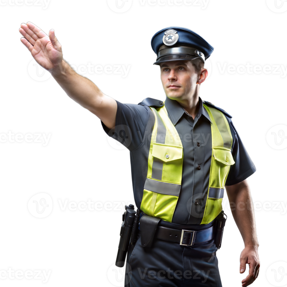 Police officer directing traffic with hand raised, emphasizing law enforcement and public safety png
