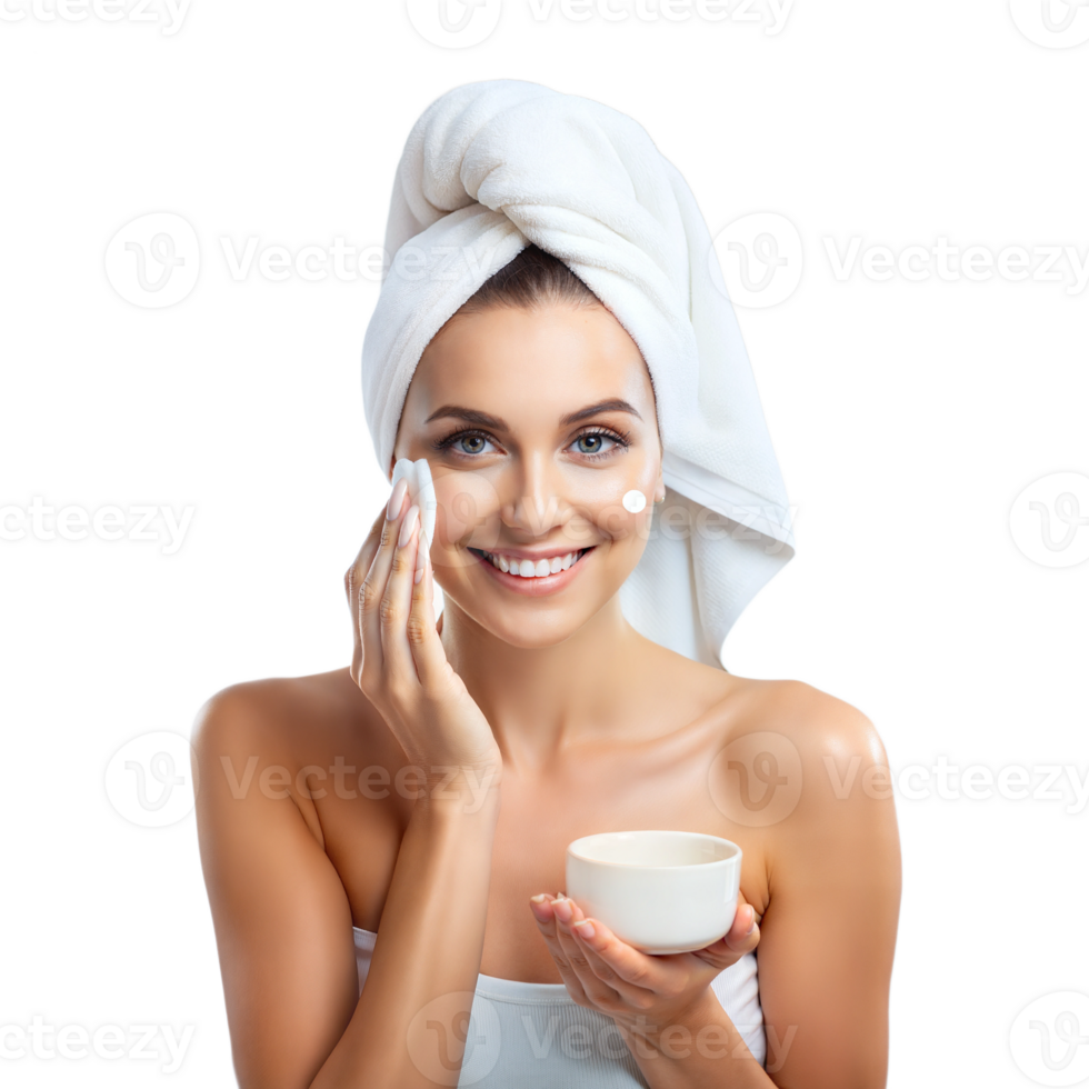 Woman with towel and cream, skincare and beauty routine png