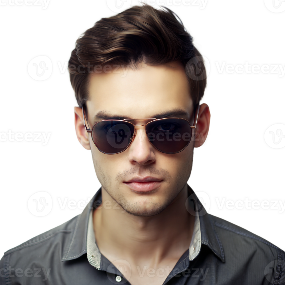 Cool young man wearing sunglasses and casual shirt, exuding confidence and modern urban style png