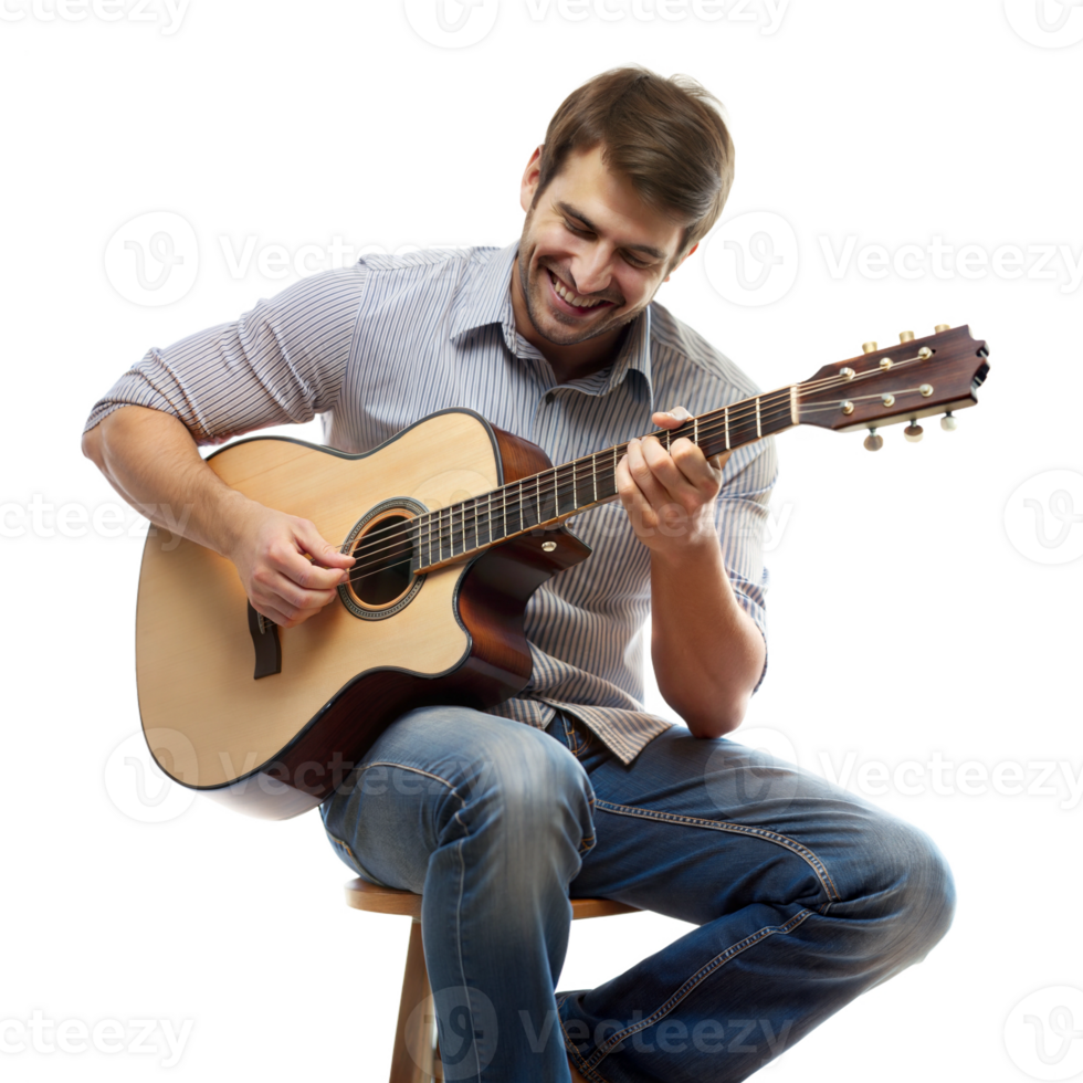 Man playing acoustic guitar, musical instrument and performance, isolated png