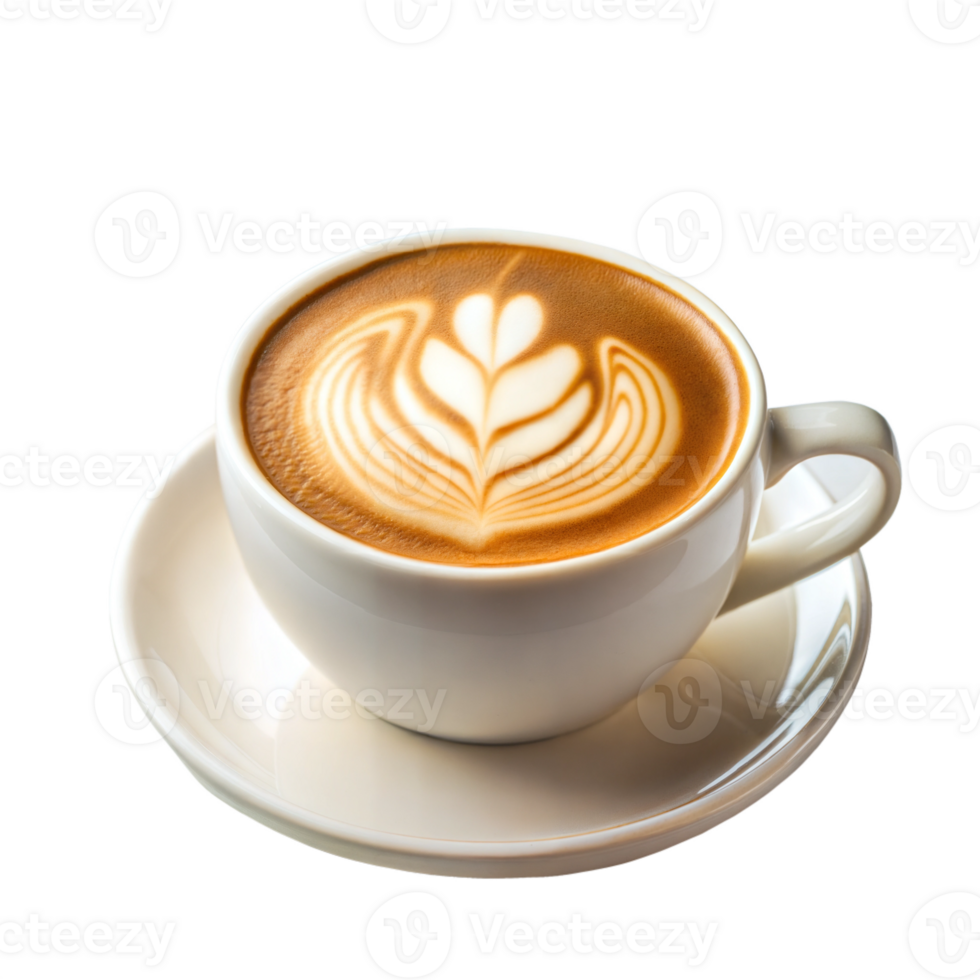 Cup of coffee with a beautiful latte art design on top, served in a white cup png