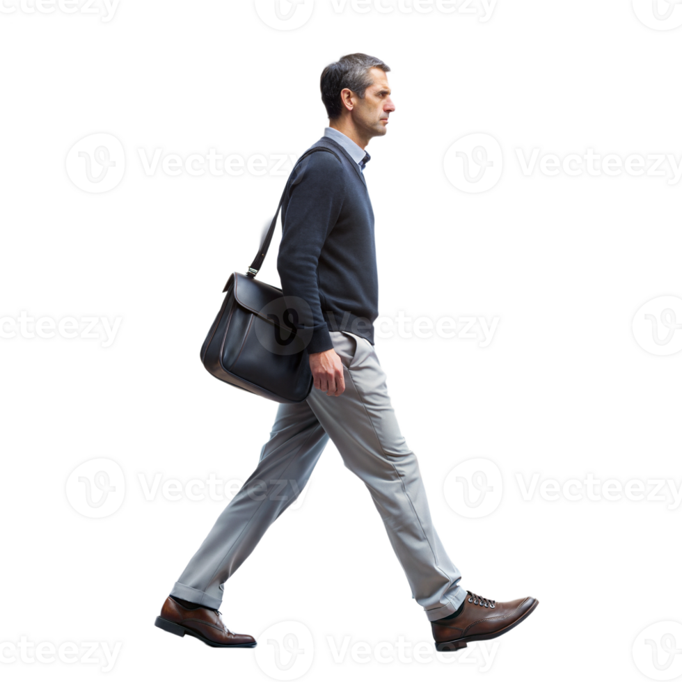 Businessman walking with briefcase, professional attire and movement png