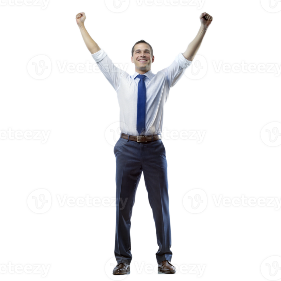 Man celebrating success with arms raised, showing triumph and joy png