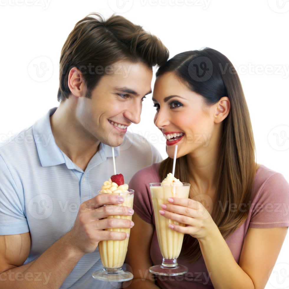 Couple enjoying milkshakes together with laughter png