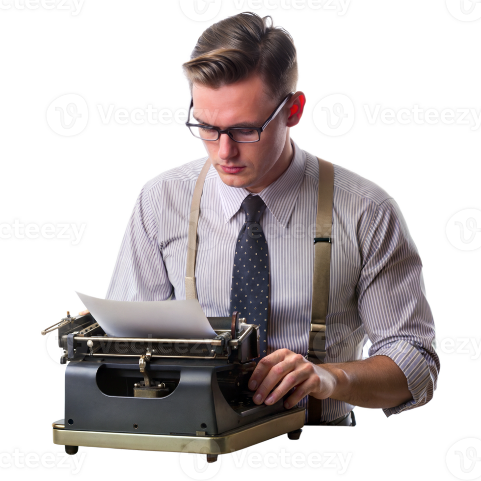 Retro-styled man typing on vintage typewriter png