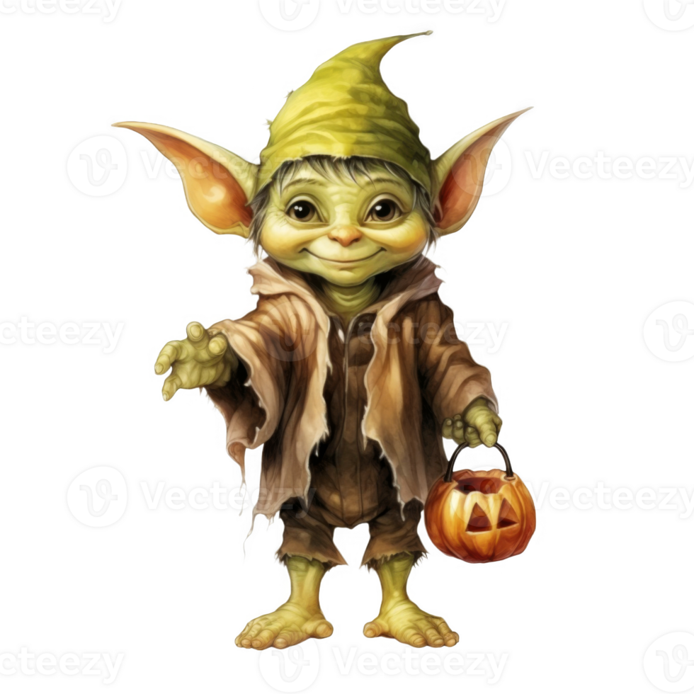 A Green-Skinned Elf Dressed in Rags Holding a Jack-O-Lantern png
