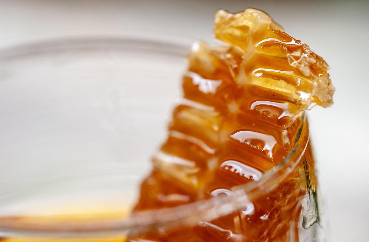 Wild honey, natural organic food, in a glass bottle photo