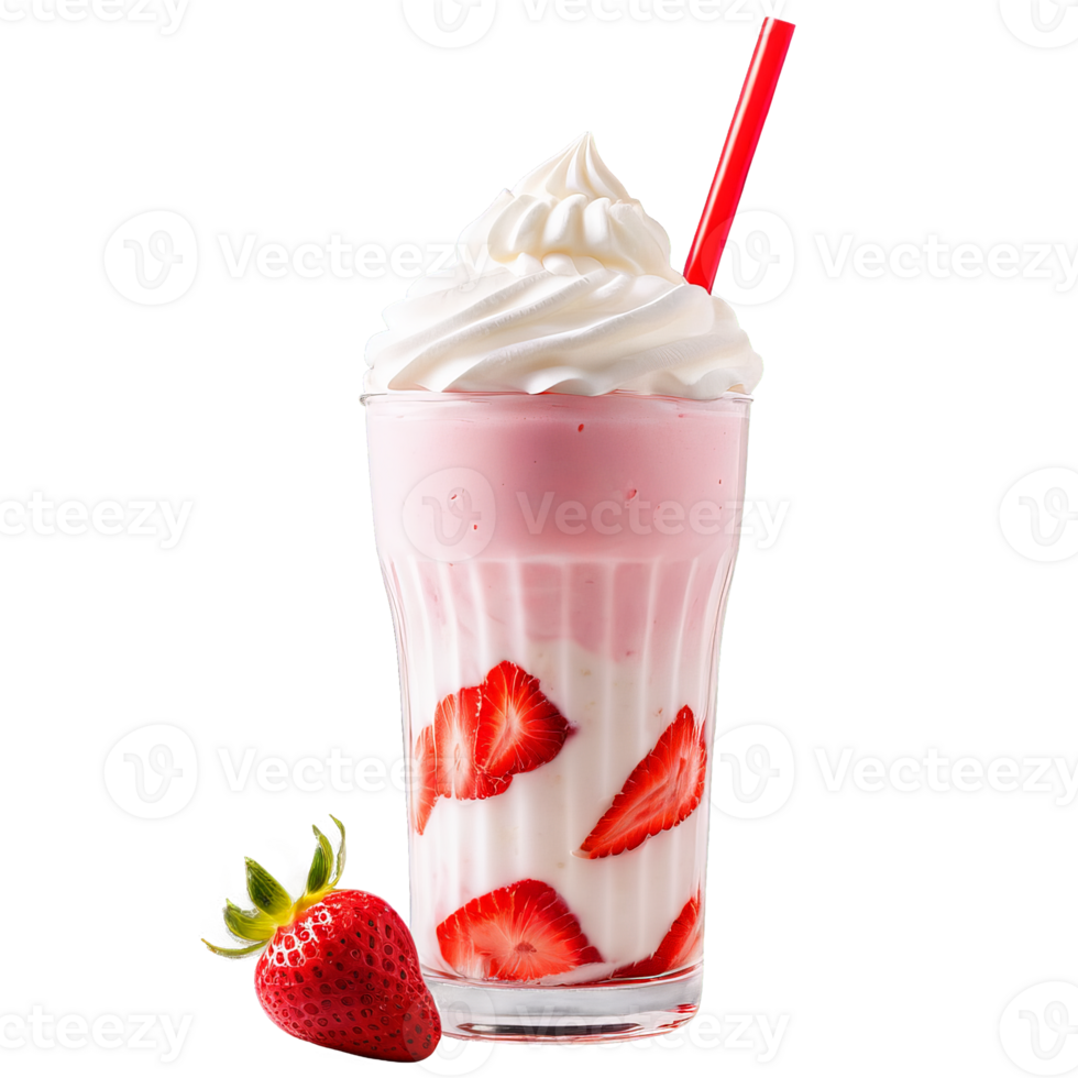 Strawberry milkshake in glass with whipped cream red and white swirls striped straw and fresh png
