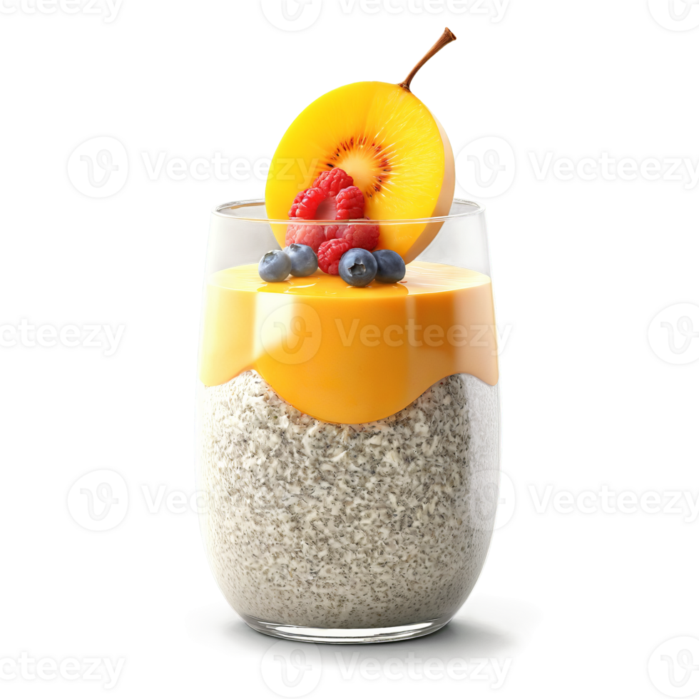 Coconut chia pudding creamy layers in glass jar tropical fruit tumbling Food and Culinary concept png