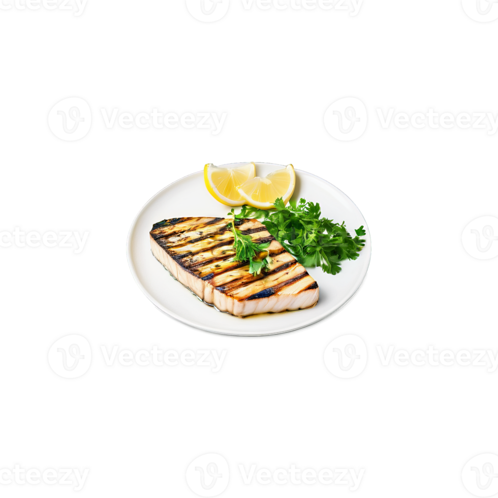 Grilled swordfish steak with visible grill marks lemon butter sauce and parsley sprig isolated Summer png