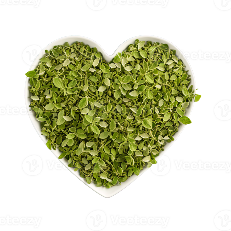Oregano green dried leaves loosely scattered in heart formation Spices food and culinary concept showcasing png