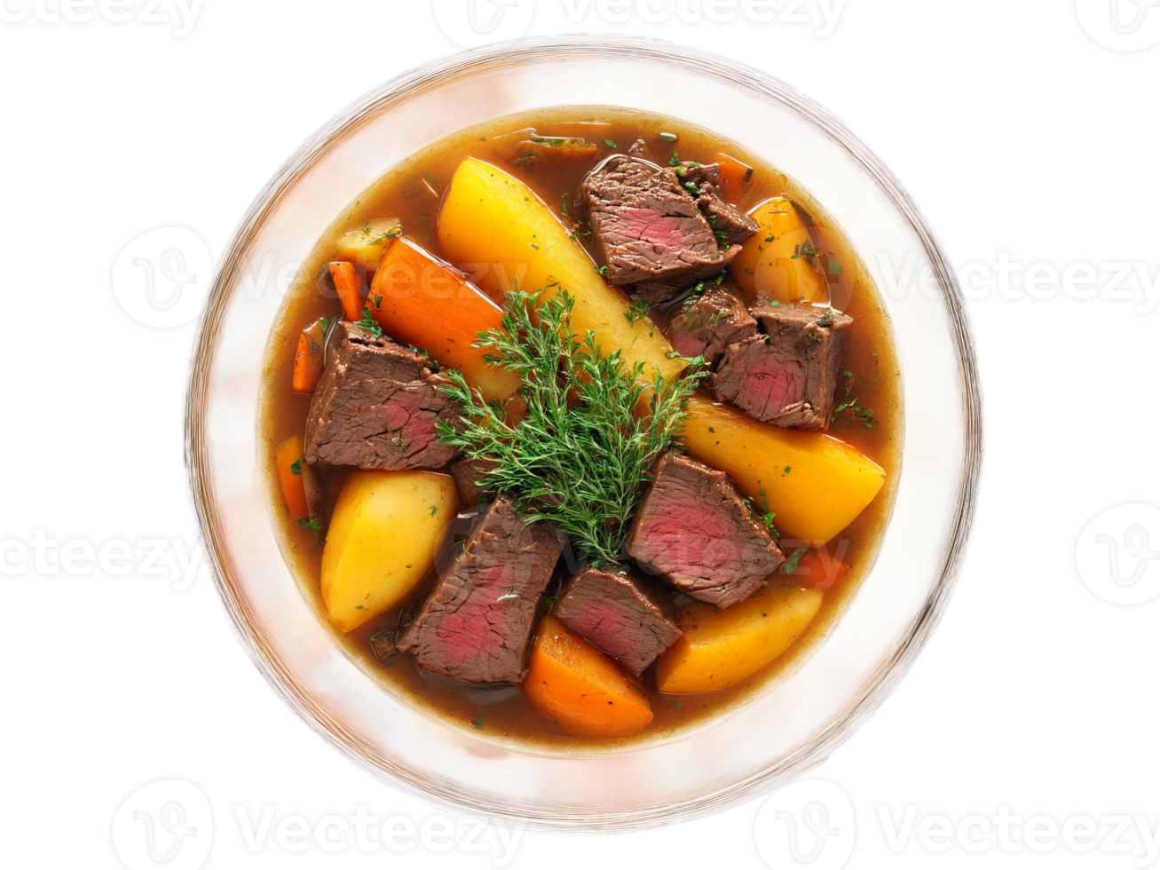 Winter warmer beef stew with root vegetables and fresh herbs served in a transparent glass png