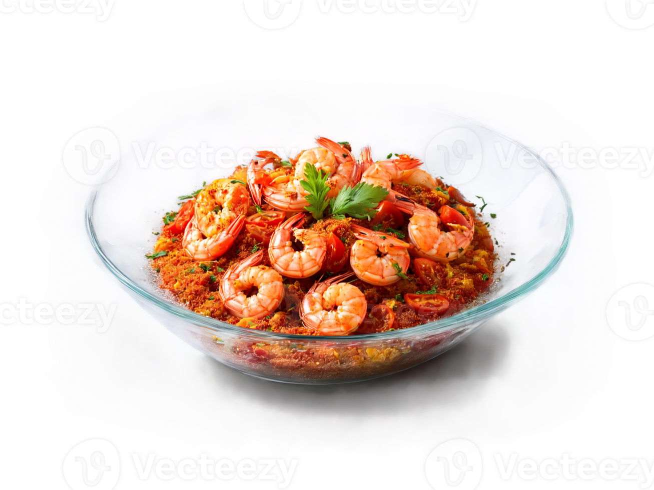 Prawn Masala with tomatoes and a blend of spices served on a transparent glass dish png