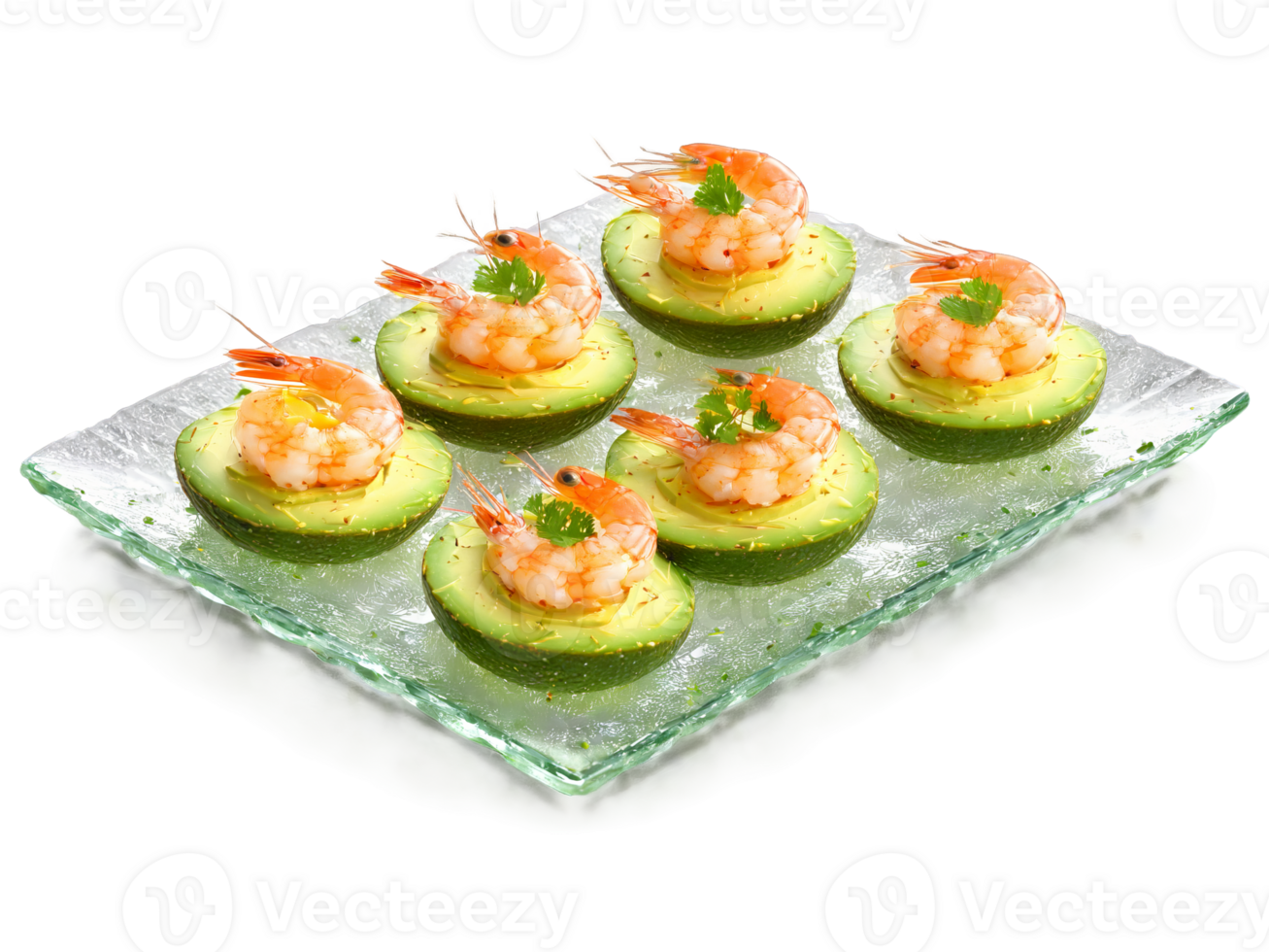 Canapes shrimp and avocado with a hint of lime served on a transparent glass tray png