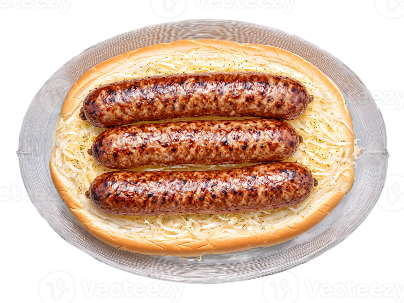 Bratwurst grilled with sauerkraut on a bun served on a transparent glass plate hearty German png