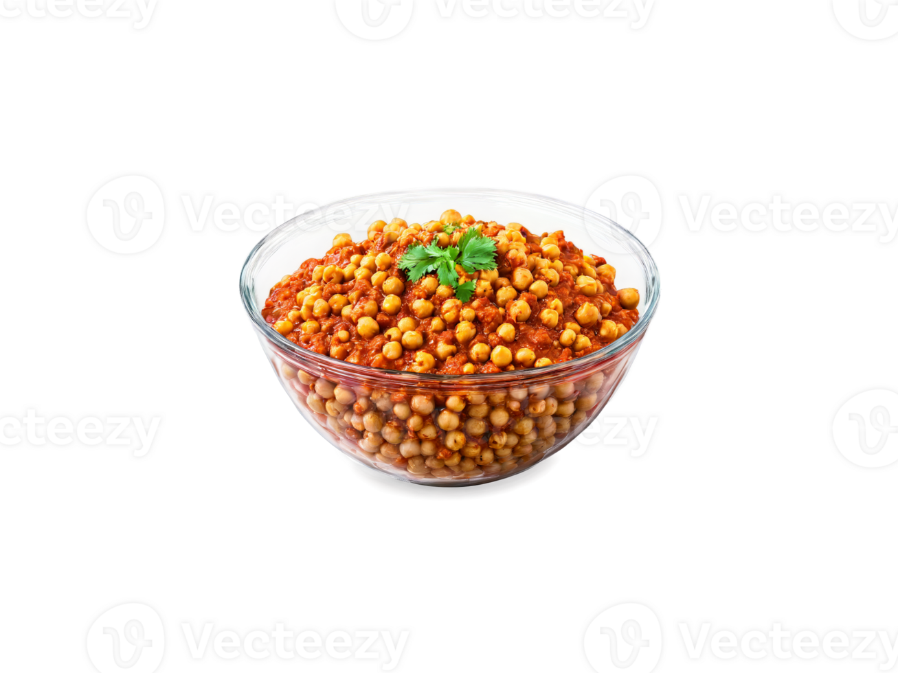 Chana Masala with chickpeas in a spicy tomato sauce served in a transparent glass bowl png