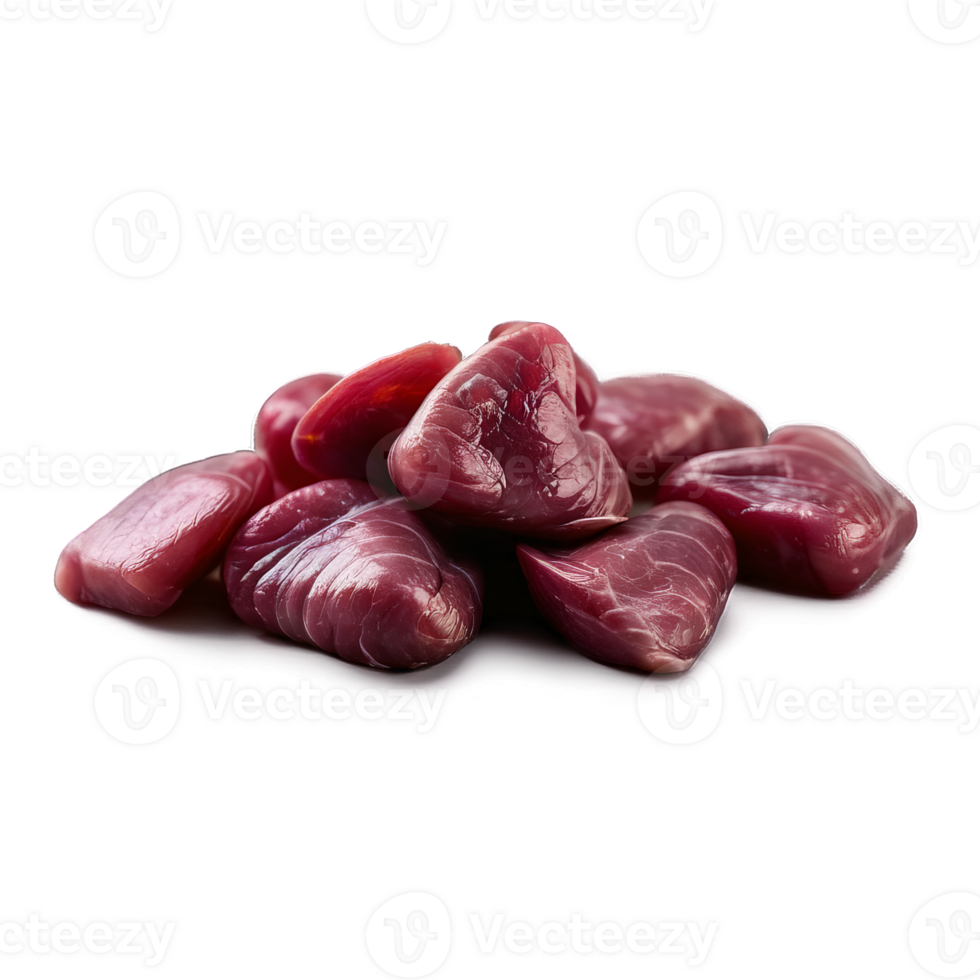 Raw duck hearts deep red hue firm texture captured with a macro lens png