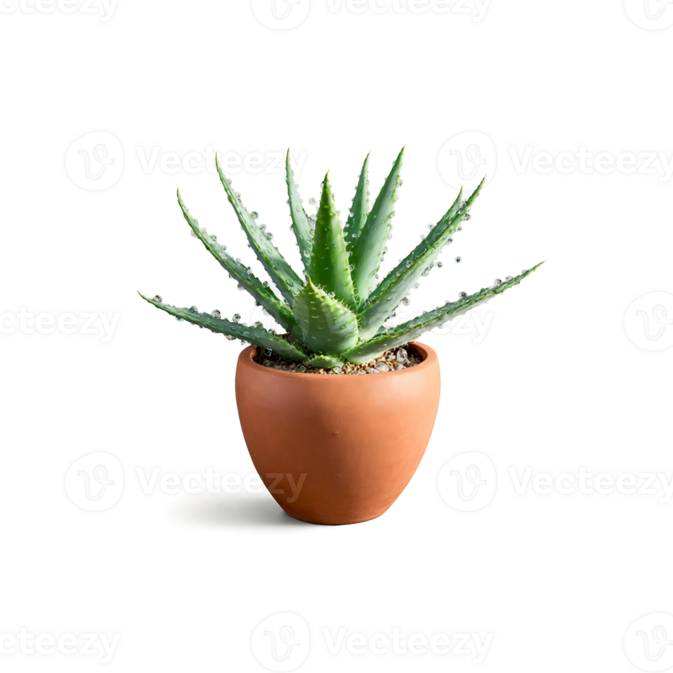 Aloe Vera thick succulent leaves jutting out from an angled terracotta pot with a splash png
