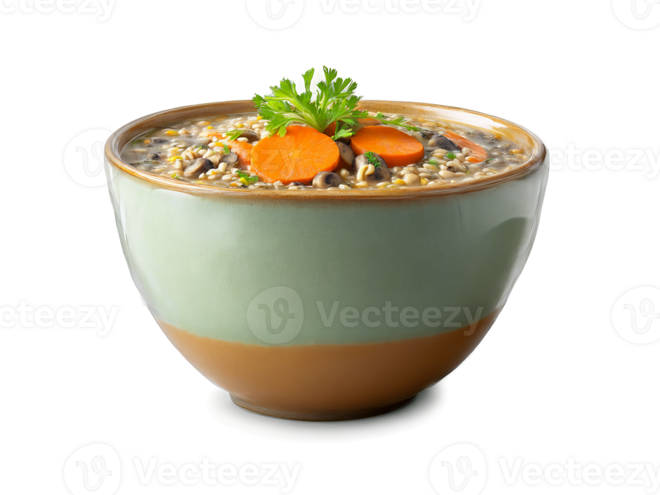 Vegan mushroom and barley soup with carrots and celery served in a transparent glass bowl png