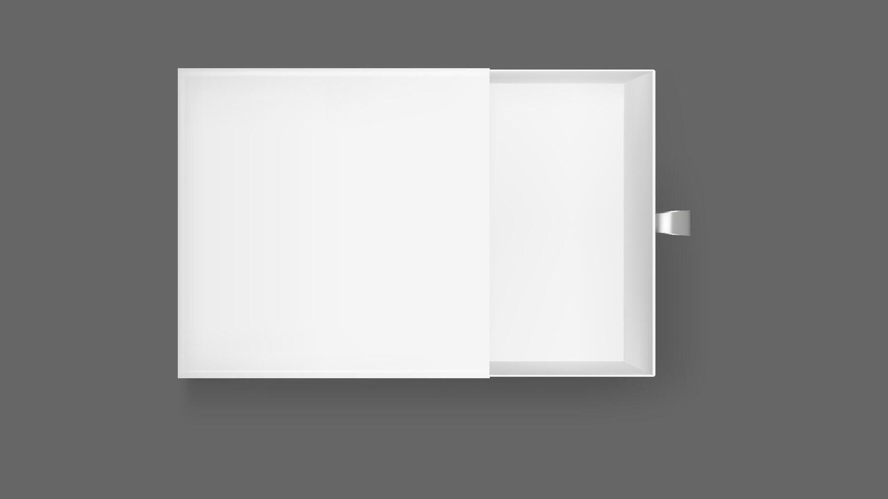 White open slide box mock up. Small square empty drawer paper gift package top view. Realistic sleeve wrapper with ribbon mockup. Product presentation render for clear elegant matchstick. vector