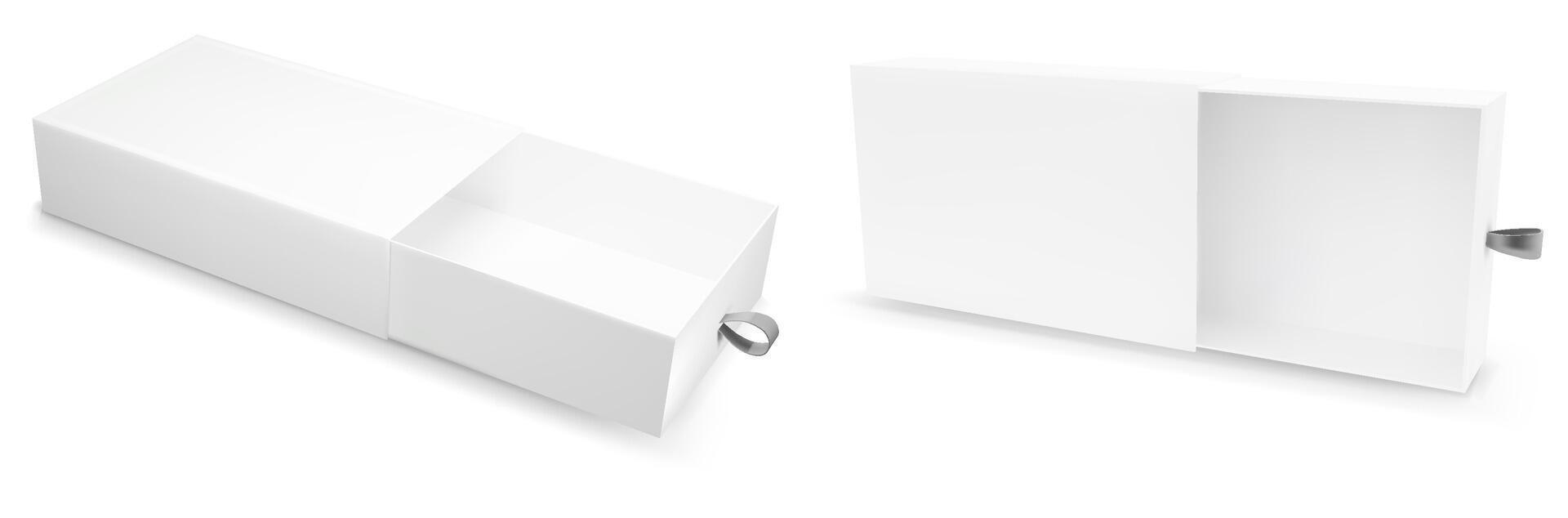 White drawer gift box mock up. Slide cardboard package template design set. Open realistic paper blank pull cover for jewelry or food with silver ribbon. Christmas retail wrapper case for advertising vector