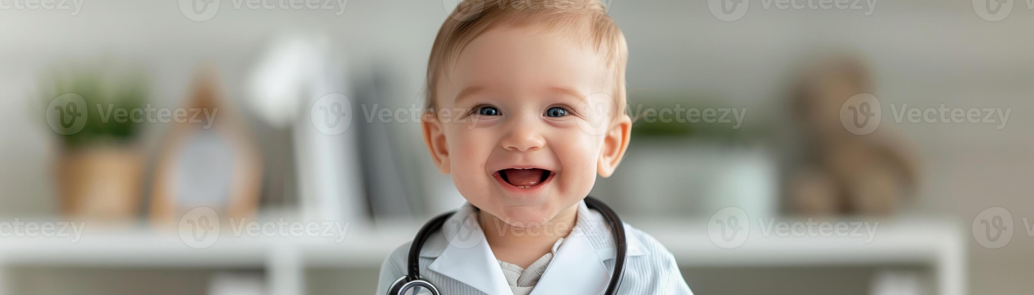 A cheerful baby wearing a doctor's coat and stethoscope, smiling brightly in a cozy, modern indoor setting. photo