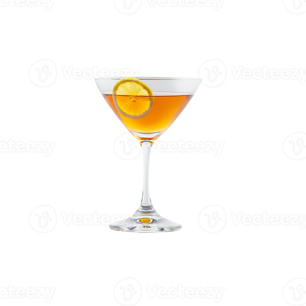 Sazerac glass short and sturdy containing a rich amber hued cocktail accented by a fragrant png
