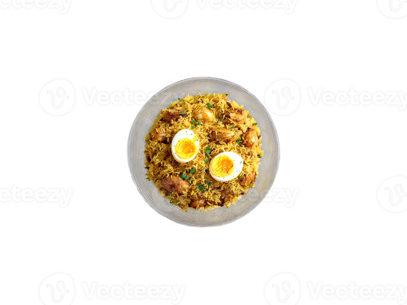 Chicken biryani flavorful and spiced rice with boiled egg on a transparent glass serving bowl png