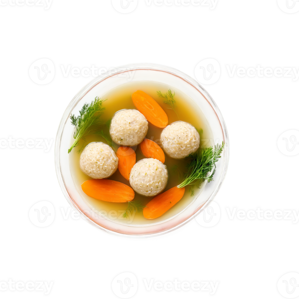 Matzo ball soup a clear chicken broth with fluffy matzo balls and thinly sliced carrots png