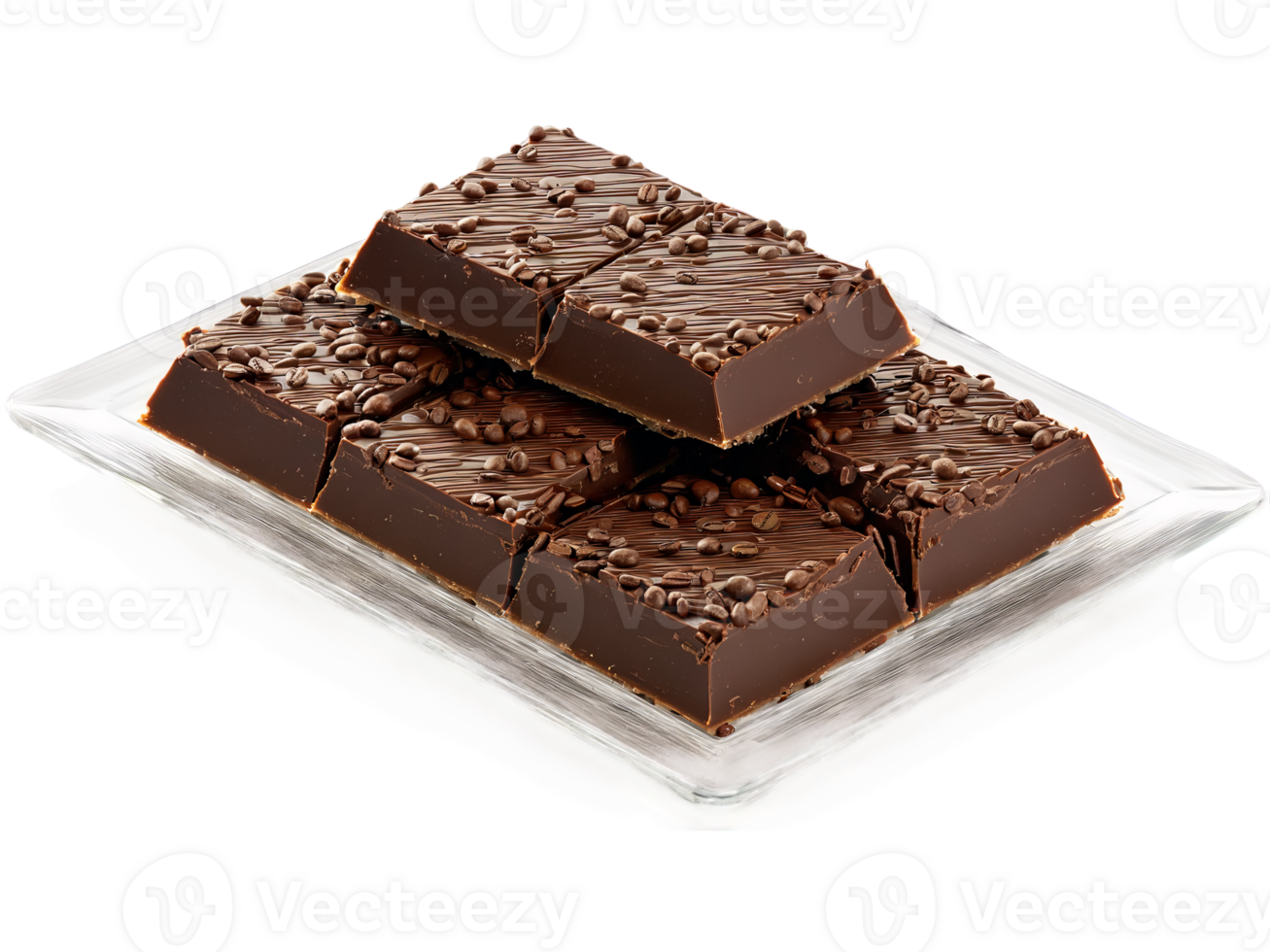 Chocolate espresso infused chocolate bars with coffee bean accents on a transparent glass tray rich png