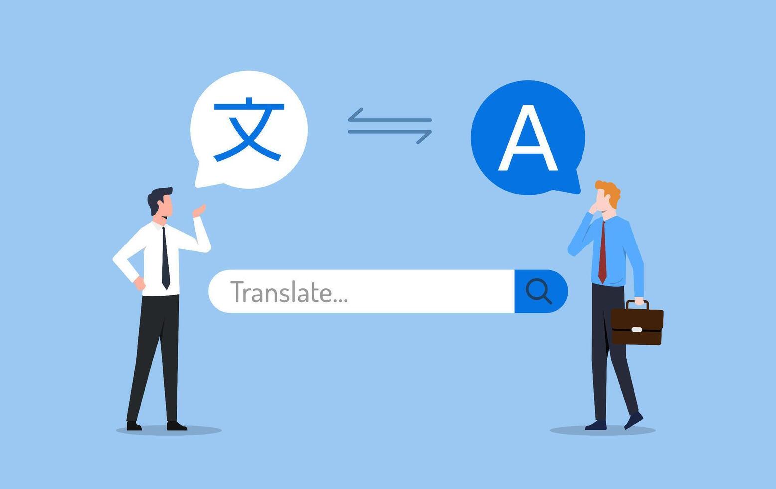 Two businessmen are communicating with machine translation application or internet technology. Translate languages to connect diverse languages of the world vector