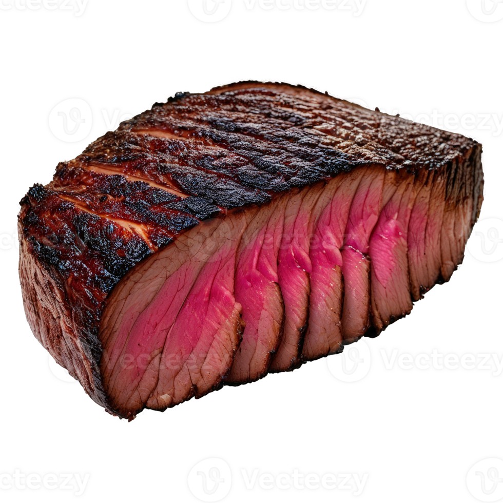 Barbecue tri tip roast with dark crust sliced against grain to reveal pink center isolated png