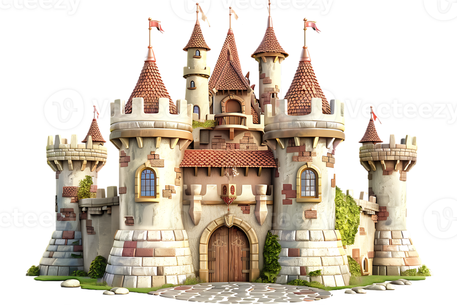 3D cartoon style fairy tale castle isolated against a transparent background png