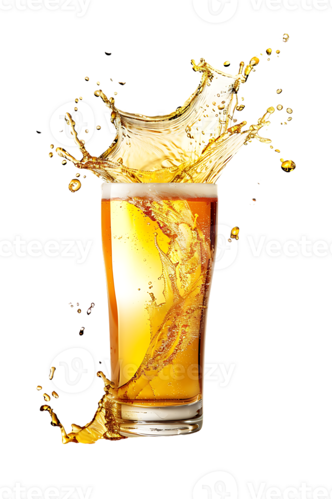 beer glass with a beer splash isolated against a transparent background png