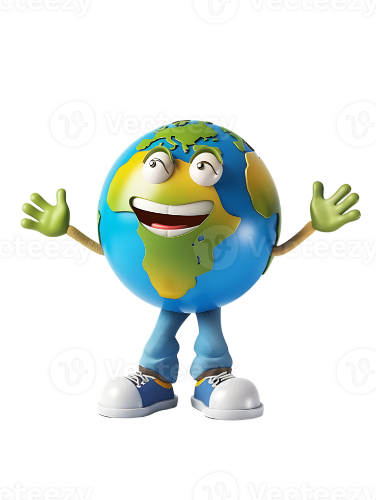 3D style cartoon character of a happy Earth isolated against a transparent background png
