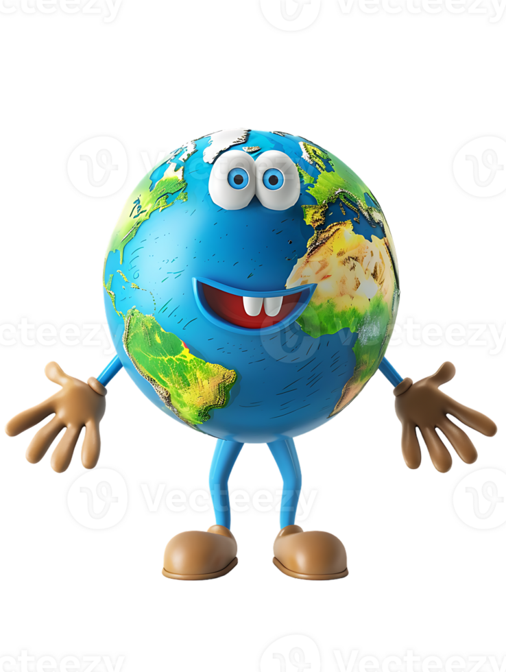 3D style cartoon character of a happy Earth isolated against a transparent background png
