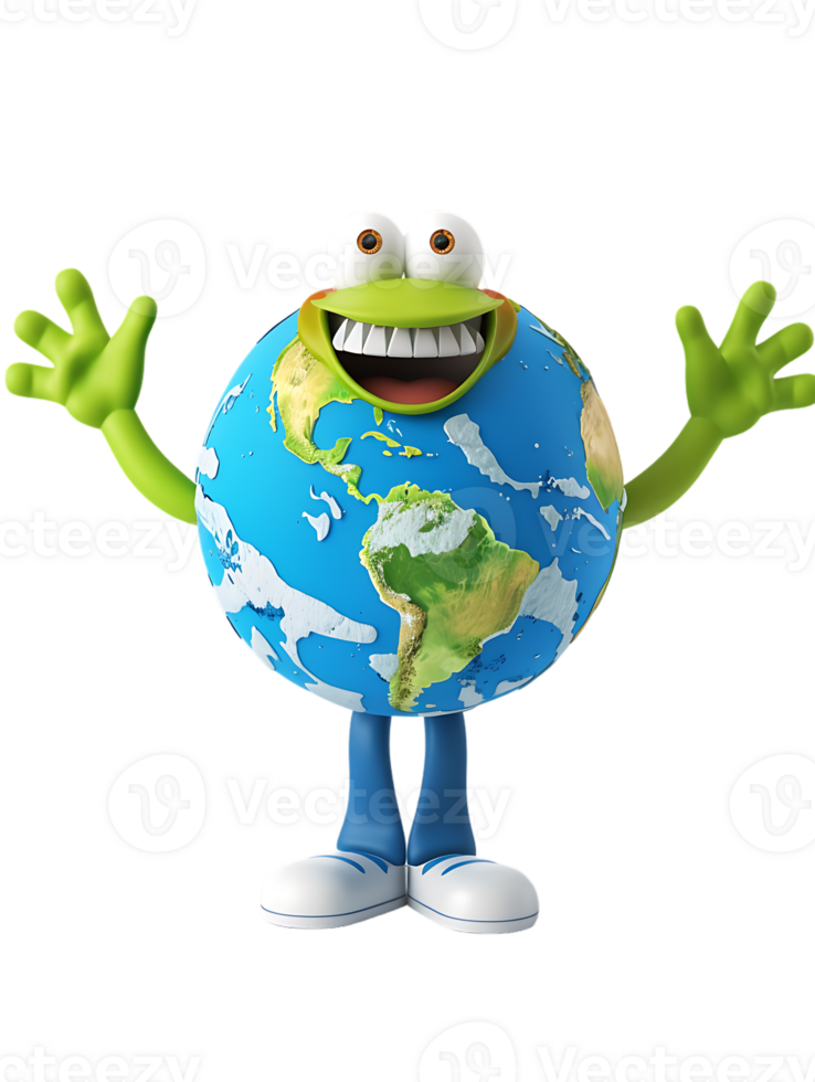 3D style cartoon character of a happy Earth isolated against a transparent background png