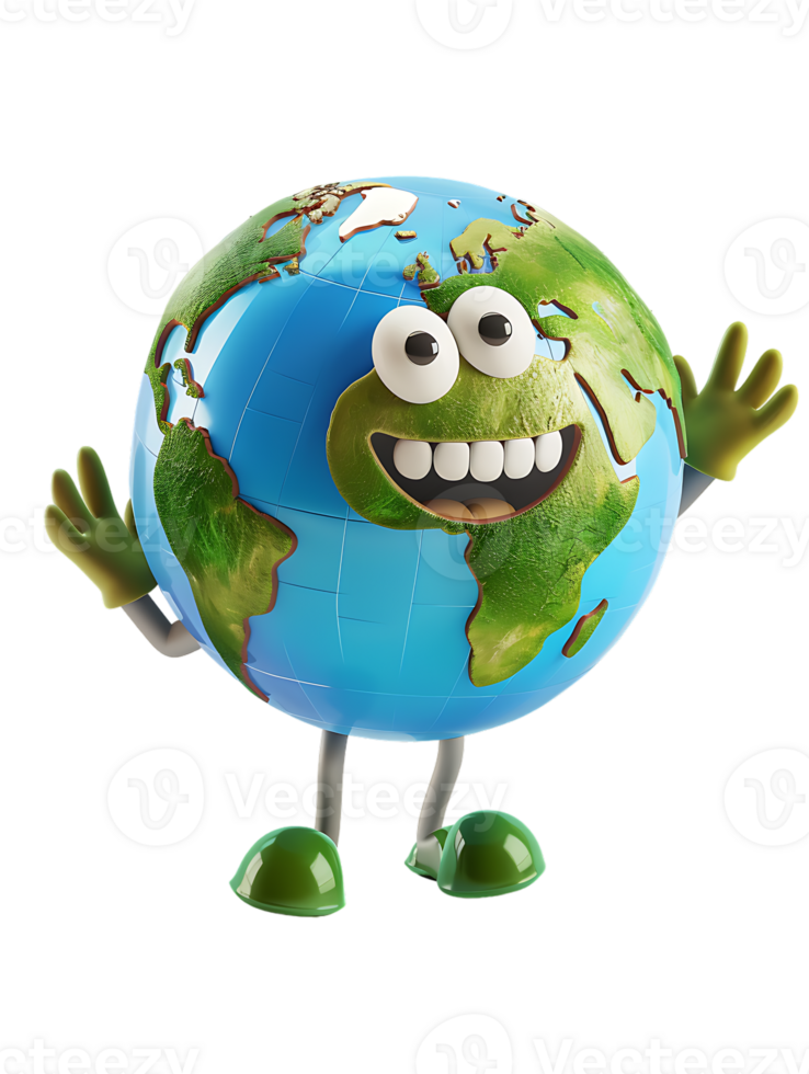 3D style cartoon character of a happy Earth isolated against a transparent background png
