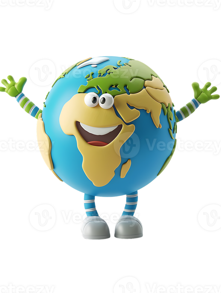 3D style cartoon character of a happy Earth isolated against a transparent background png