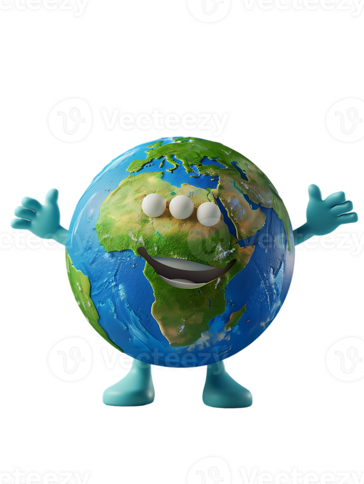 3D style cartoon character of a happy Earth isolated against a transparent background png