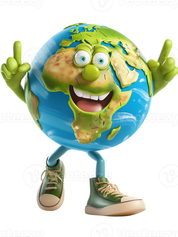 3D style cartoon character of a happy Earth isolated against a transparent background png