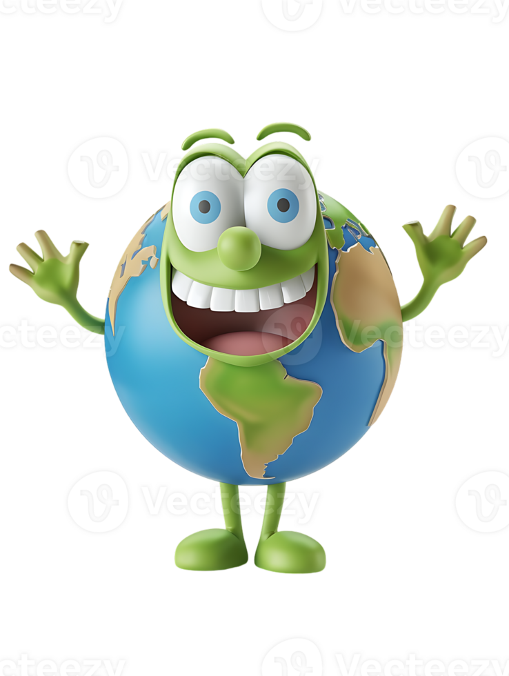 3D style cartoon character of a happy Earth isolated against a transparent background png