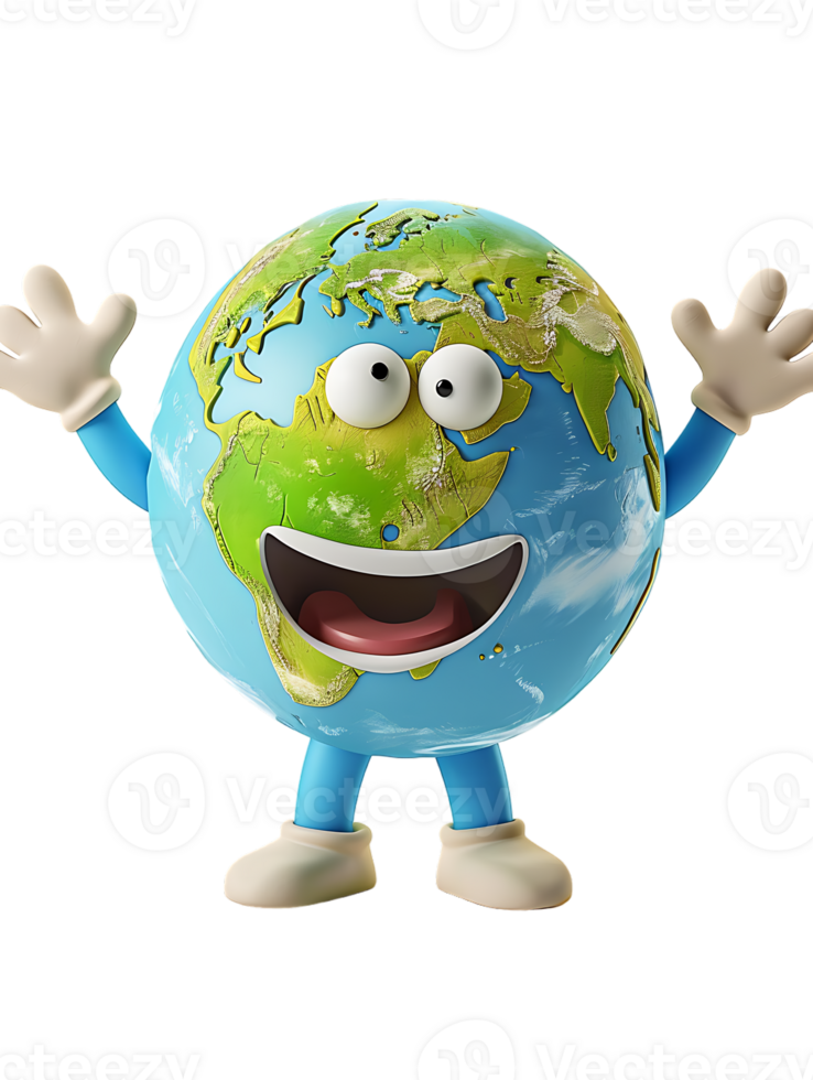 3D style cartoon character of a happy Earth isolated against a transparent background png