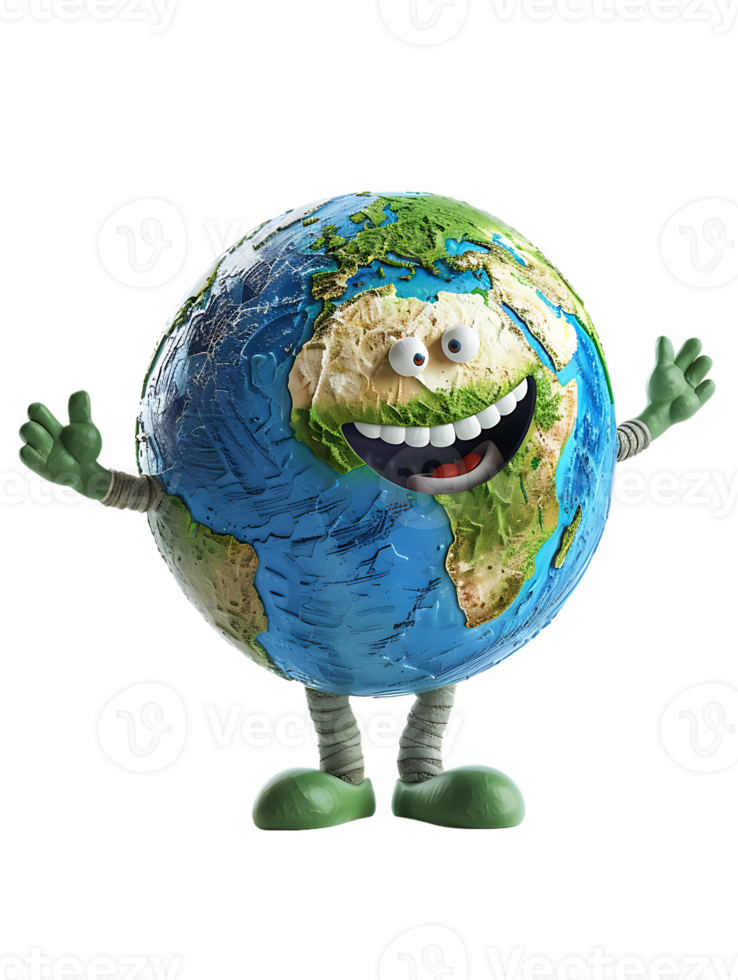 3D style cartoon character of a happy Earth isolated against a transparent background png