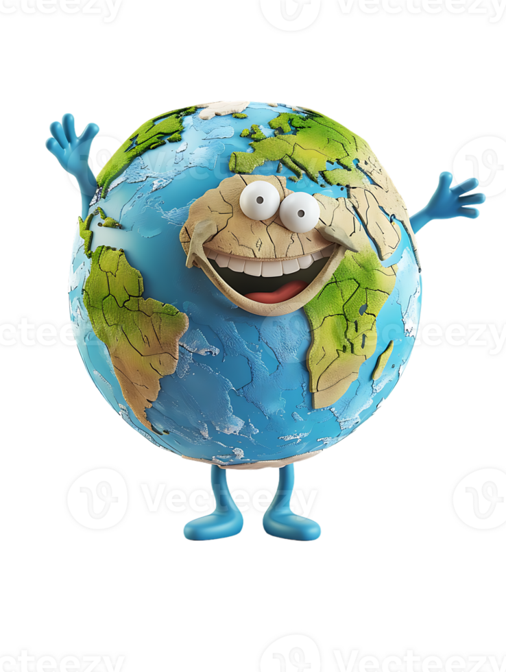 3D style cartoon character of a happy Earth isolated against a transparent background png