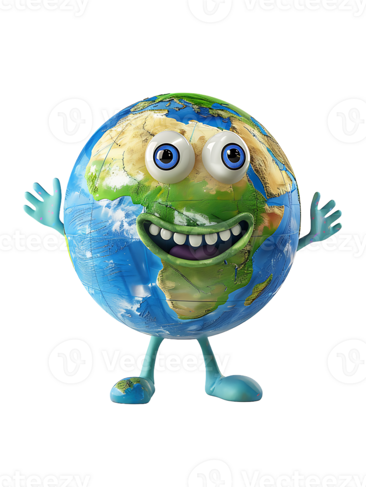 3D style cartoon character of a happy Earth isolated against a transparent background png